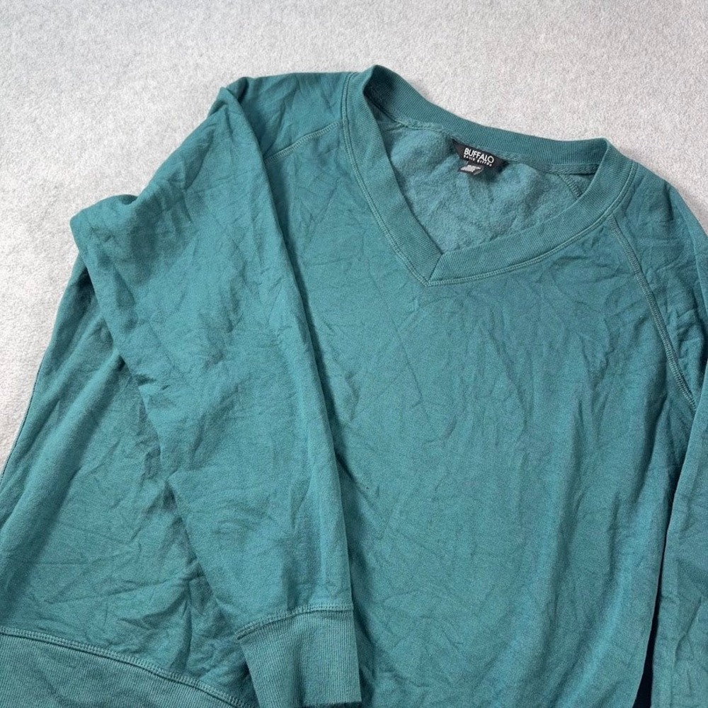 Buffalo David Bitton Sweatshirt Womens M Teal V-Neck Raglan Fleece Pullover
